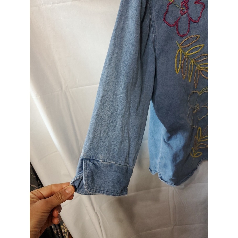 Béchamel Womens XL Blue Denim Embroidered Leaves & Flowers Button Up - Picture 3 of 5